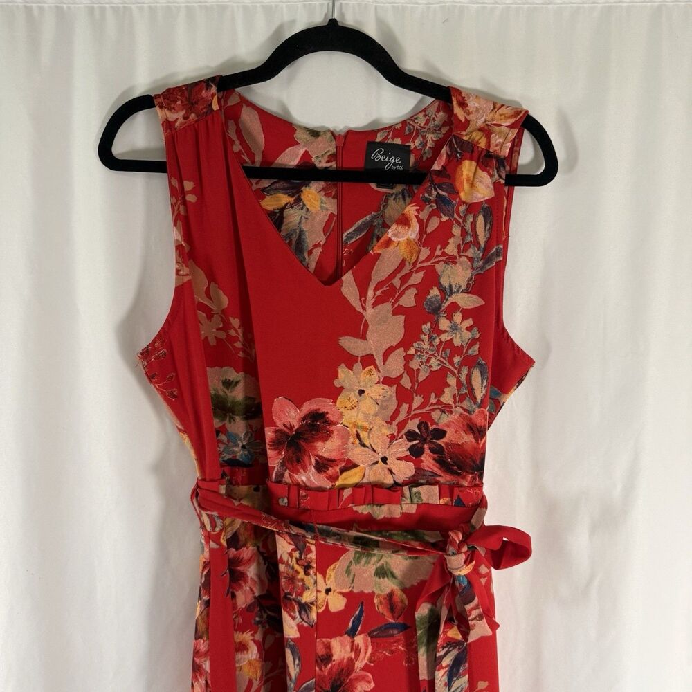 Beige by ECI Jumpsuit Women's Medium Red Floral V-Neck Belted Wide Leg - Picture 2 of 13